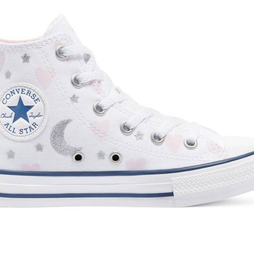 Converse White High-Tops with Silver and Pink Details